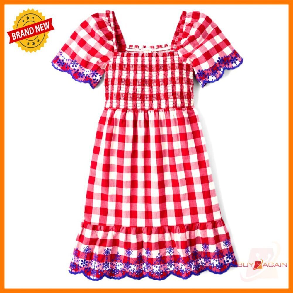 Cotton Poplin Square Neck Dress Smocked Bodice Ruffle Hem Casual Chic
